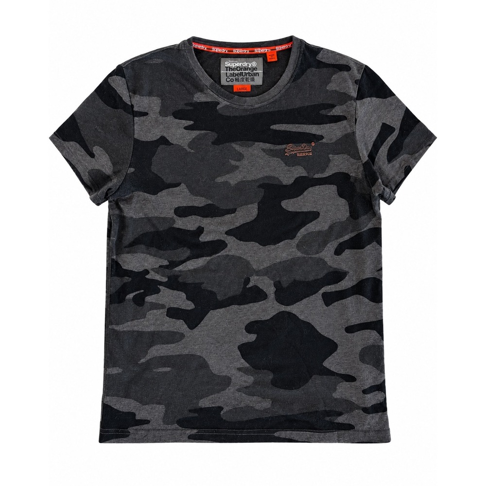 Superdry Orange Label Camo T Shirt Gray Black Bronze Logo Mens L